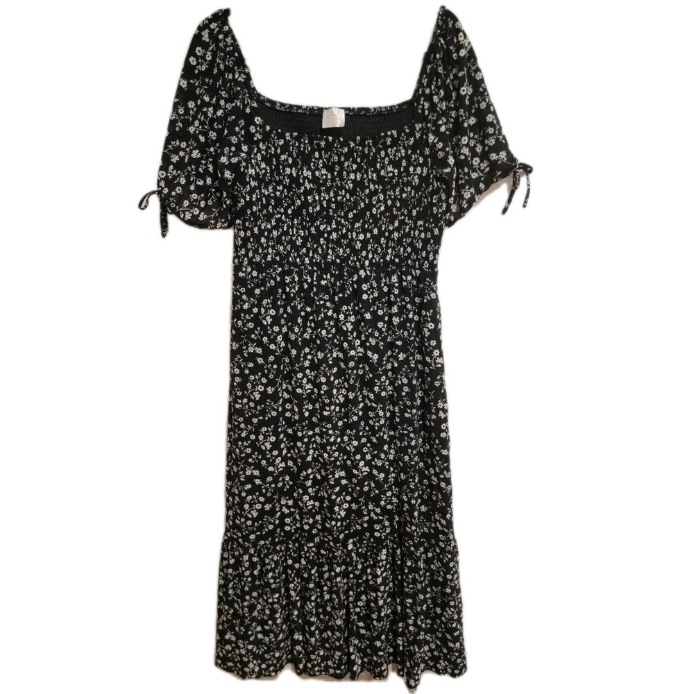 Sirenlily Petites Black‎ White Floral Smocked Maxi Dress PXL Cottagecore Boho